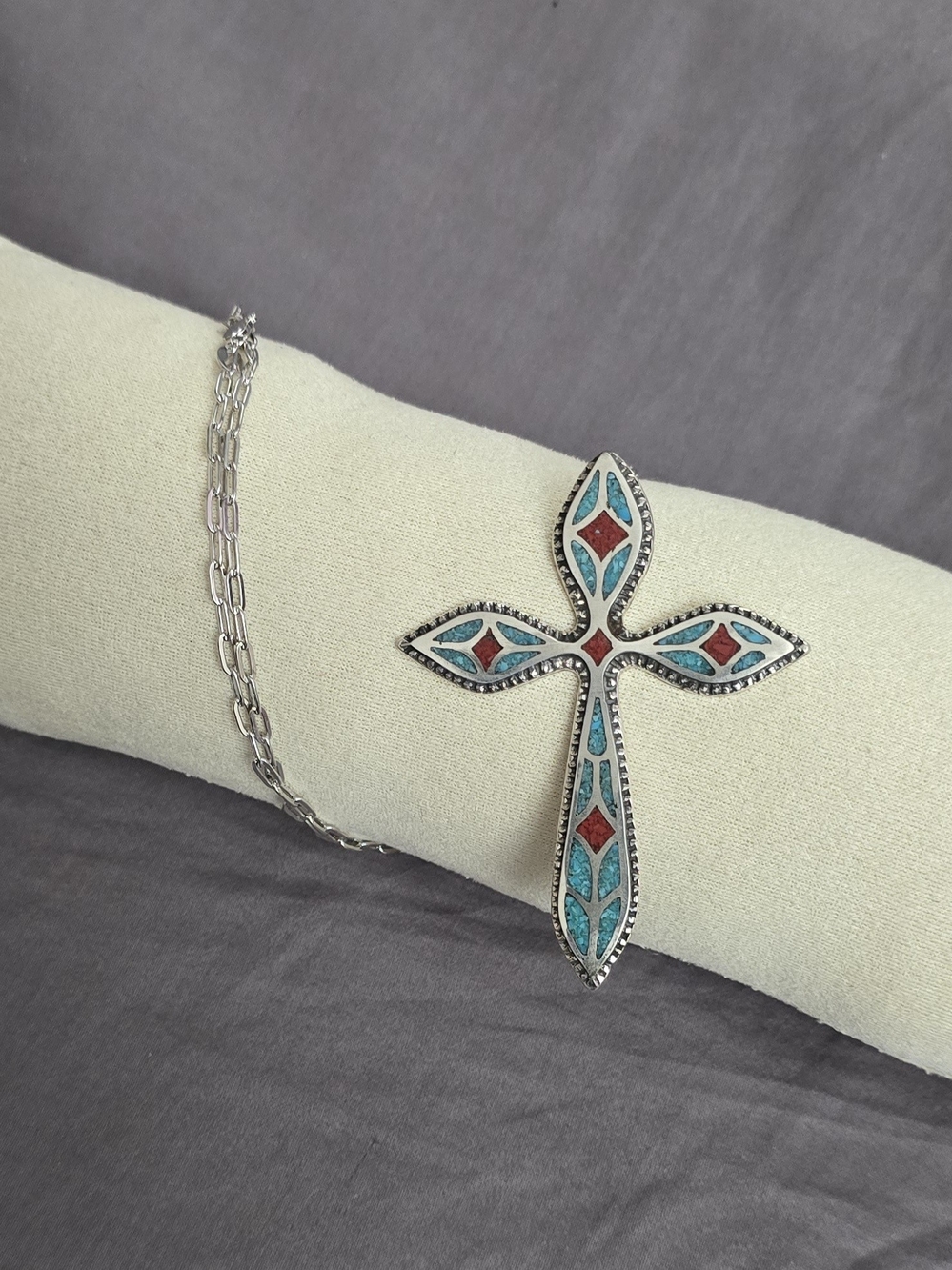 Native Sterling Silver Cross Pendant Necklace with Turquoise and Coral Inlay